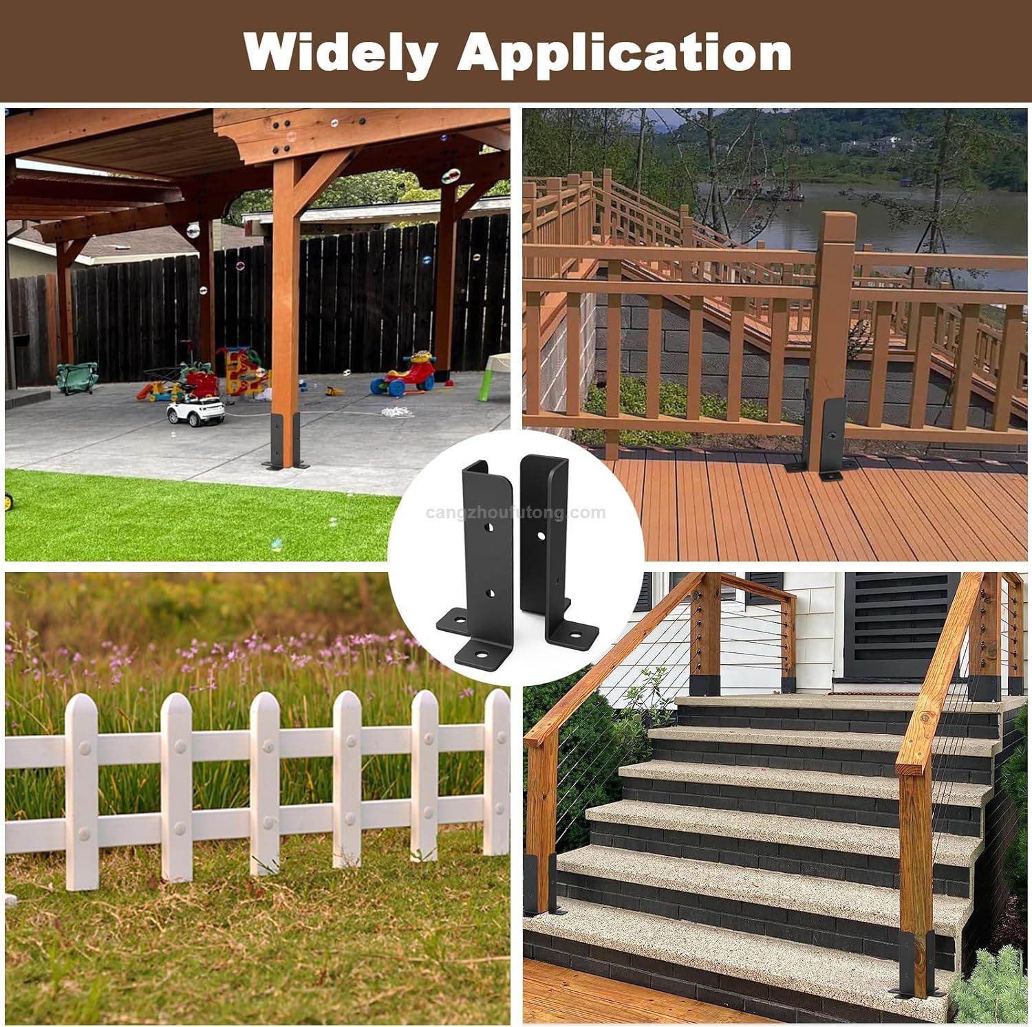 Deck Post Base Black Powder-Coated Post Brackets Heavy Duty Wood Post Brackets 