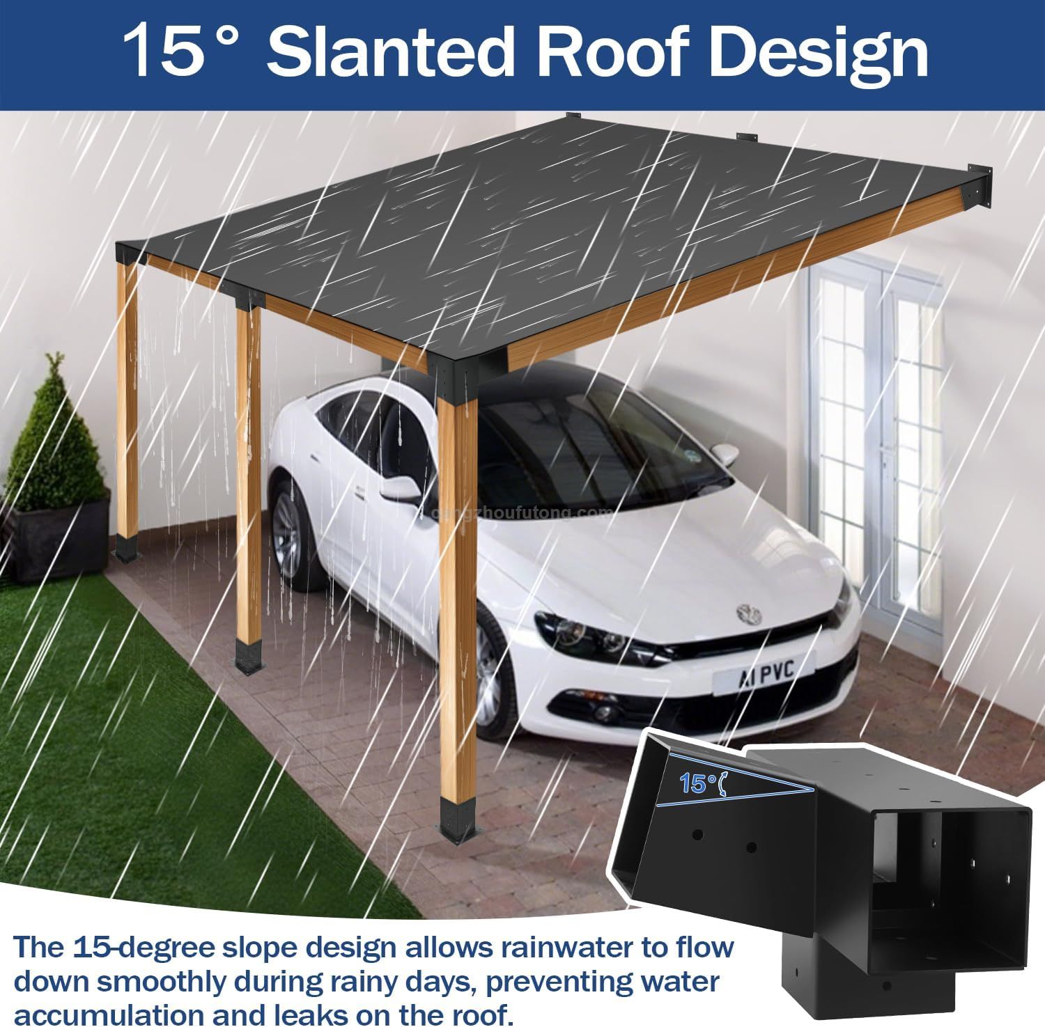 Pergola Bracket Kit 15° Slanted Roof Wall Mount 4-Way Pergola Kit with Post Base for 4''x4'' Wooden Beams Gazebos Patio 