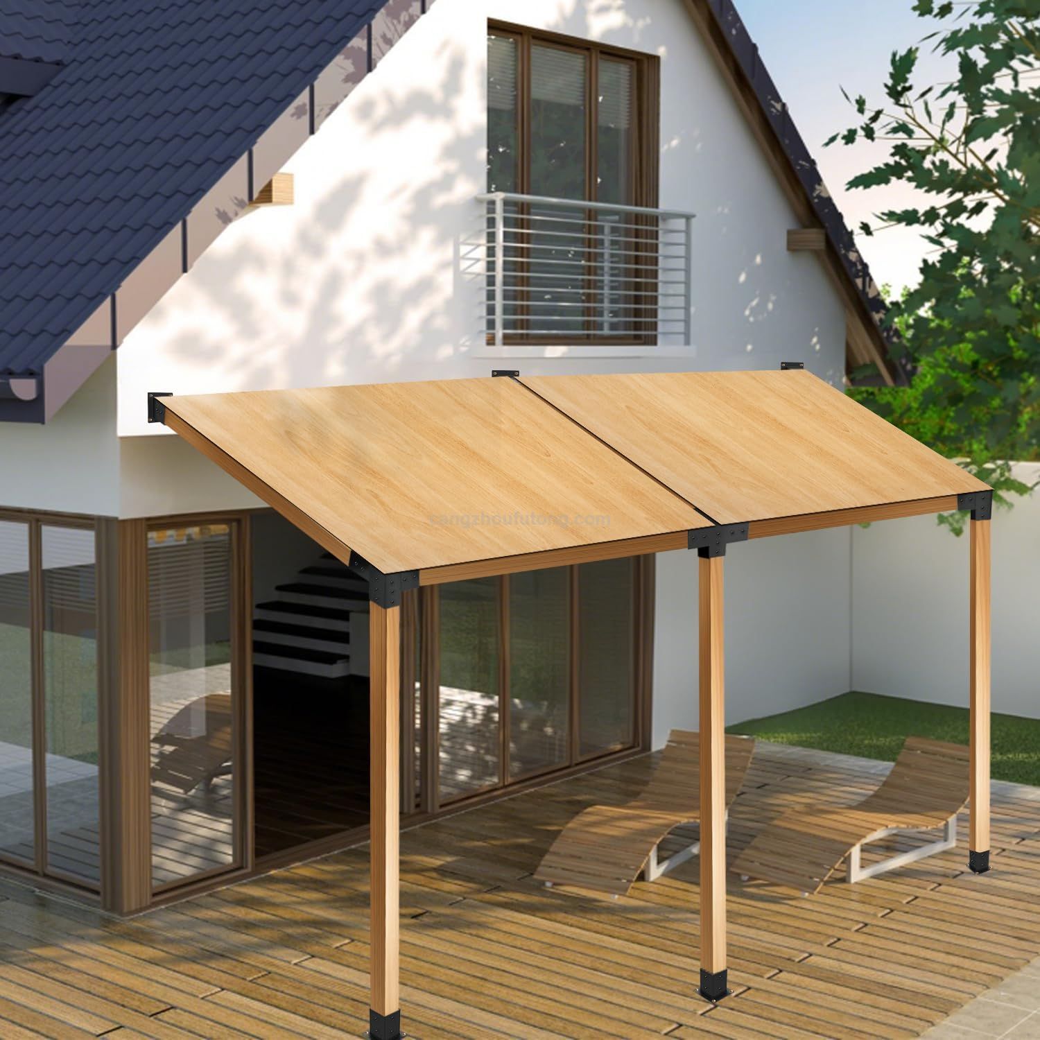 Pergola Bracket Kit 15° Slanted Roof Wall Mount 4-Way Pergola Kit with Post Base for 4''x4'' Wooden Beams Gazebos Patio 