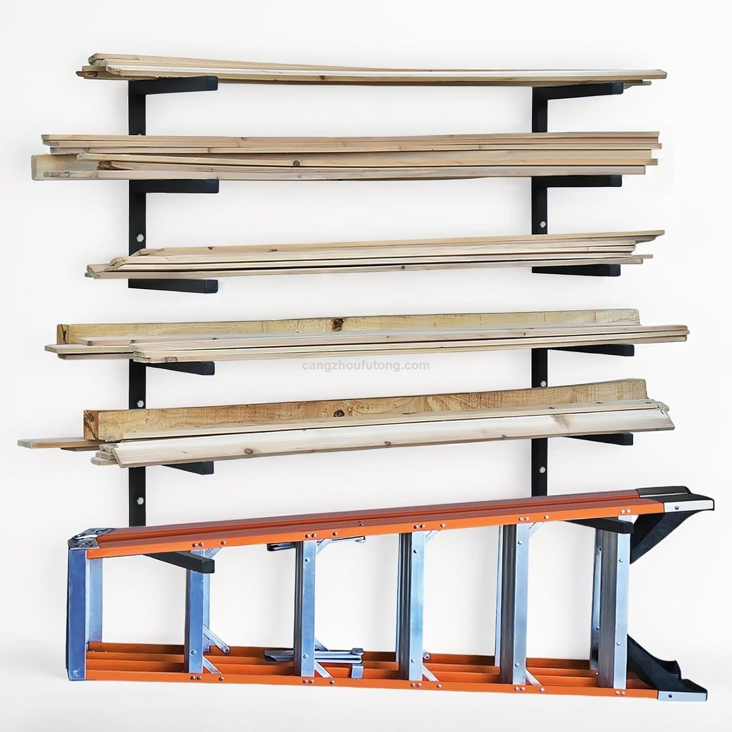 Wall Mount Heavy Duty Metal Shelf with 6-Level Wood Organizer Lumber Storage Rack 