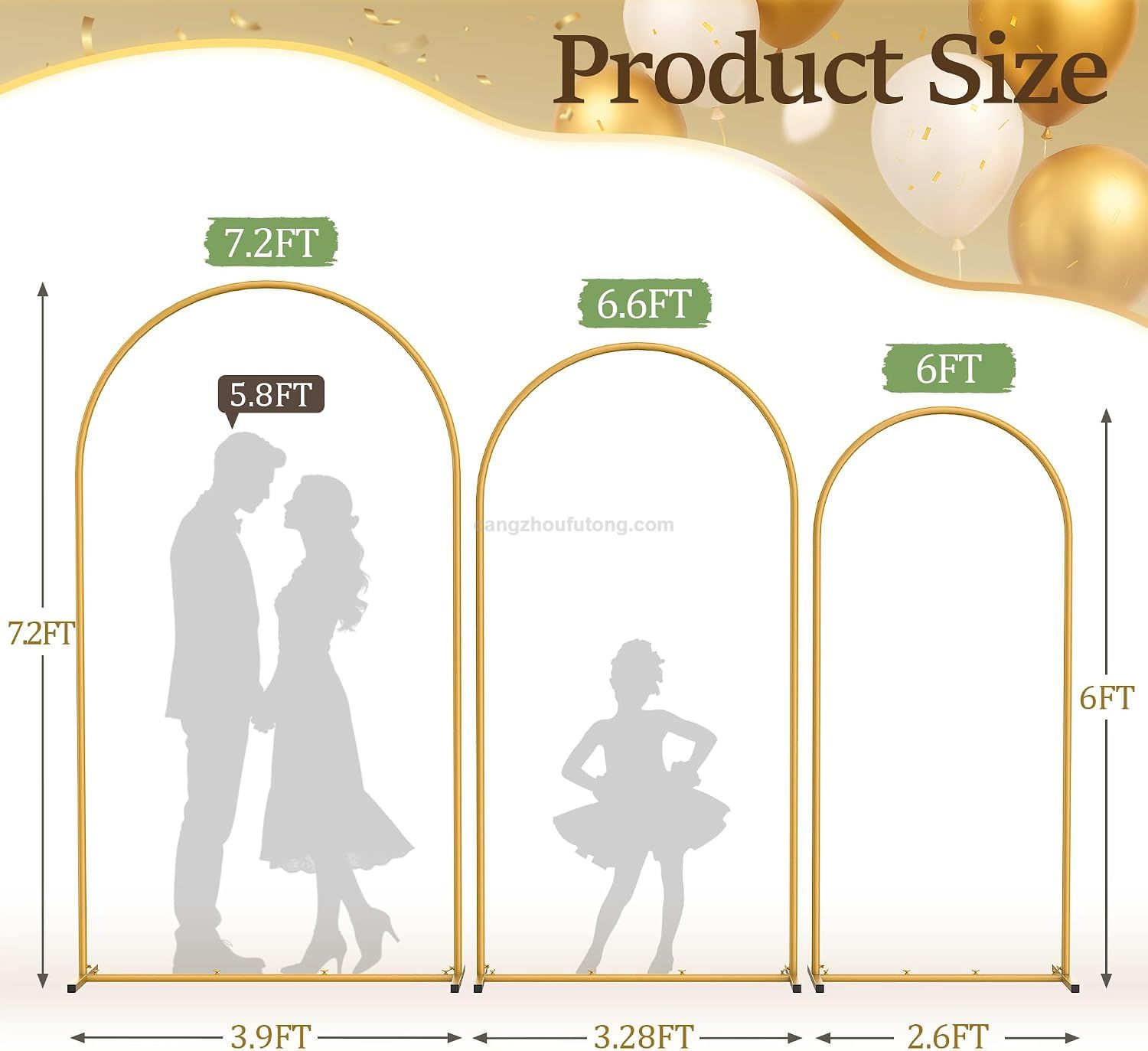 Wedding Arch Backdrop Stand 7.2FT, 6FT Gold Metal Arch Stand Set