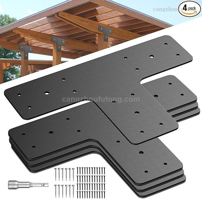 T Post Bracket 4PCS,16.8"x12" Heavy Duty Mending Plate with Powder Coated Pergola Brackets,T Beam Bracket,T Truss Brackets,T Shape Bracket, Post To Beam Connectors for Wood 6x6 Lumber