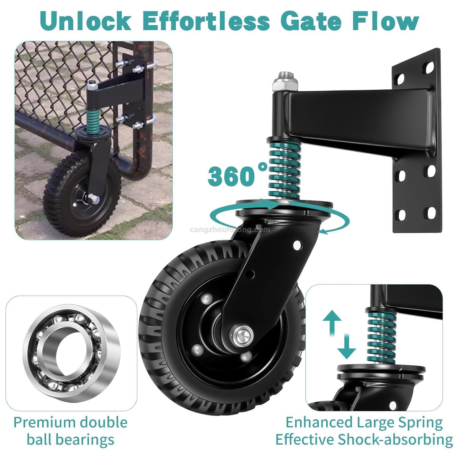 Fence Gate Wheel 360 Degree Rotation Solid Rubber Tire Spring Loaded Heavy Duty Gate Caster